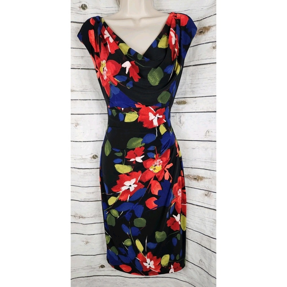 Ralph Lauren Floral Ruched Dress 8 Cowl Neck Shealth NEW Jersey Knit